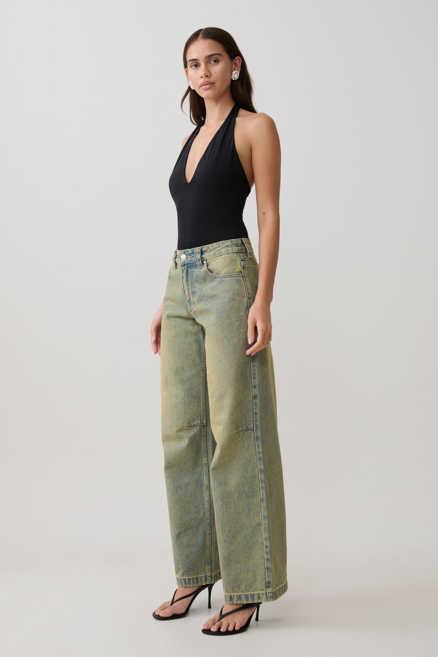 Jeans de Pierna Ancha Talle Medio Joey - Verde Lavado