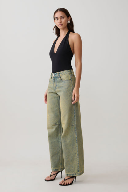 Jeans de Pierna Ancha Talle Medio Joey - Verde Lavado