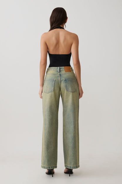Jeans de Pierna Ancha Talle Medio Joey - Verde Lavado