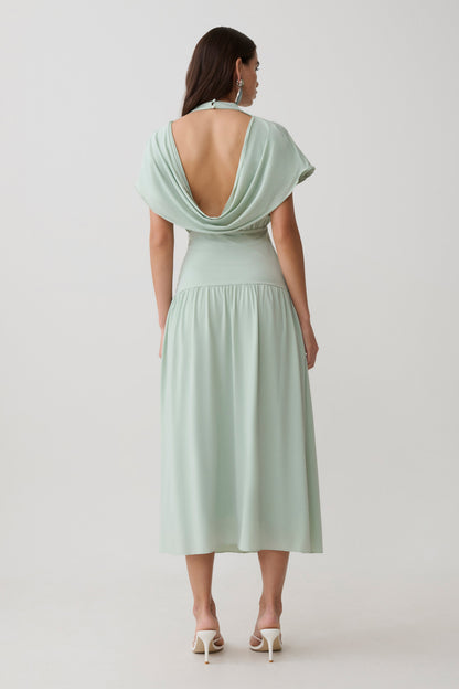 Vestido Midi Cuello Alto Cowl Ailla - Gris Aqua