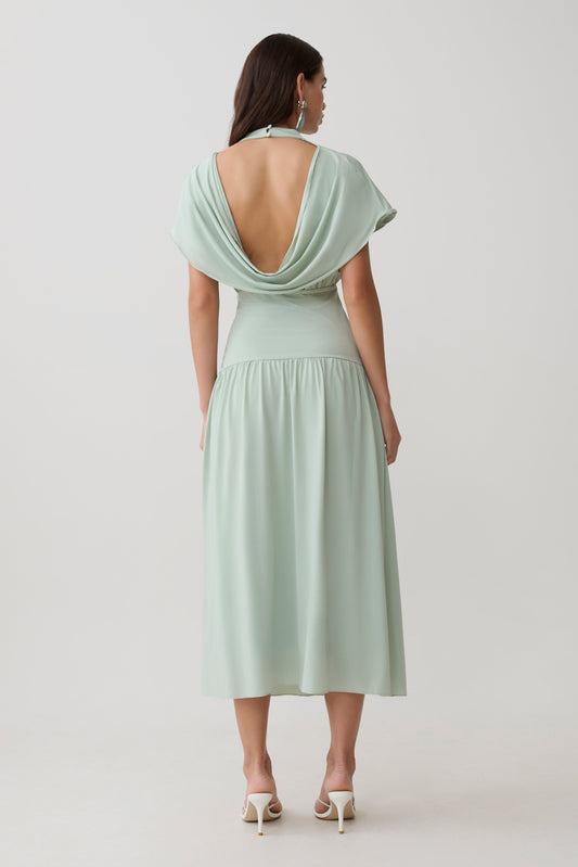Vestido Midi Cuello Alto Cowl Ailla - Gris Aqua