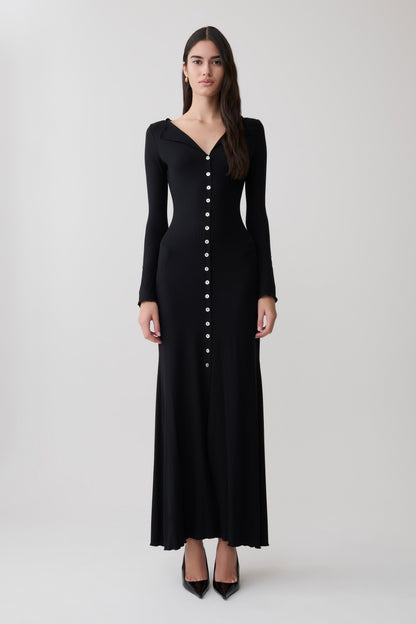 Vestido Maxi Manga Larga con Botones Tanya - Negro
