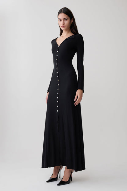 Vestido Maxi Manga Larga con Botones Tanya - Negro