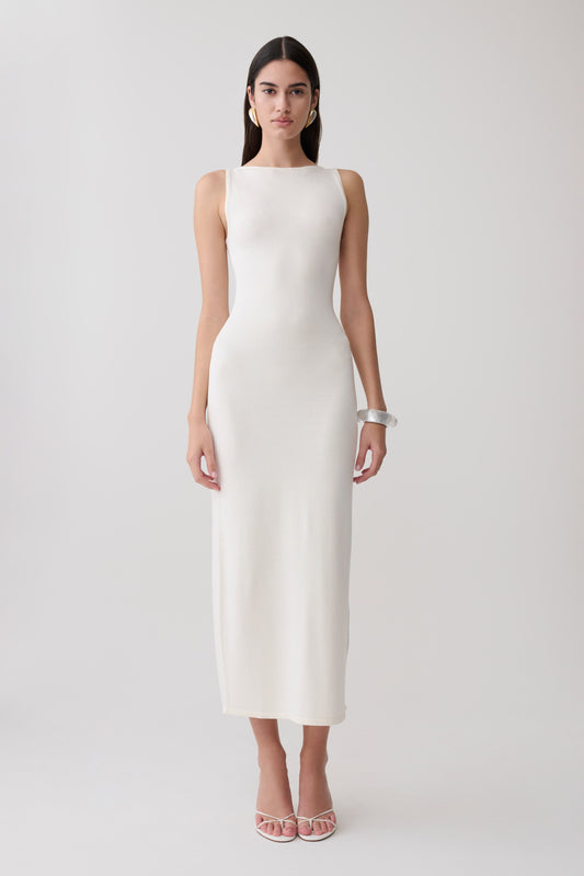 Vestido Midi Sin Mangas Cuello Barco Boston - Marfil