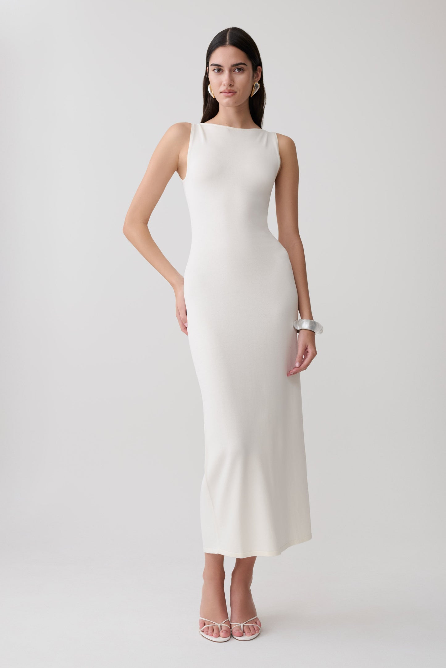 Vestido Midi Sin Mangas Cuello Barco Boston - Marfil