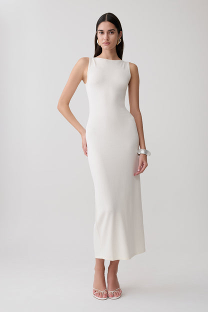 Vestido Midi Sin Mangas Cuello Barco Boston - Marfil