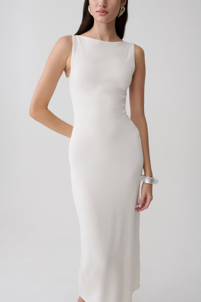 Vestido Midi Sin Mangas Cuello Barco Boston - Marfil
