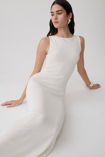 Vestido Midi Sin Mangas Cuello Barco Boston - Marfil
