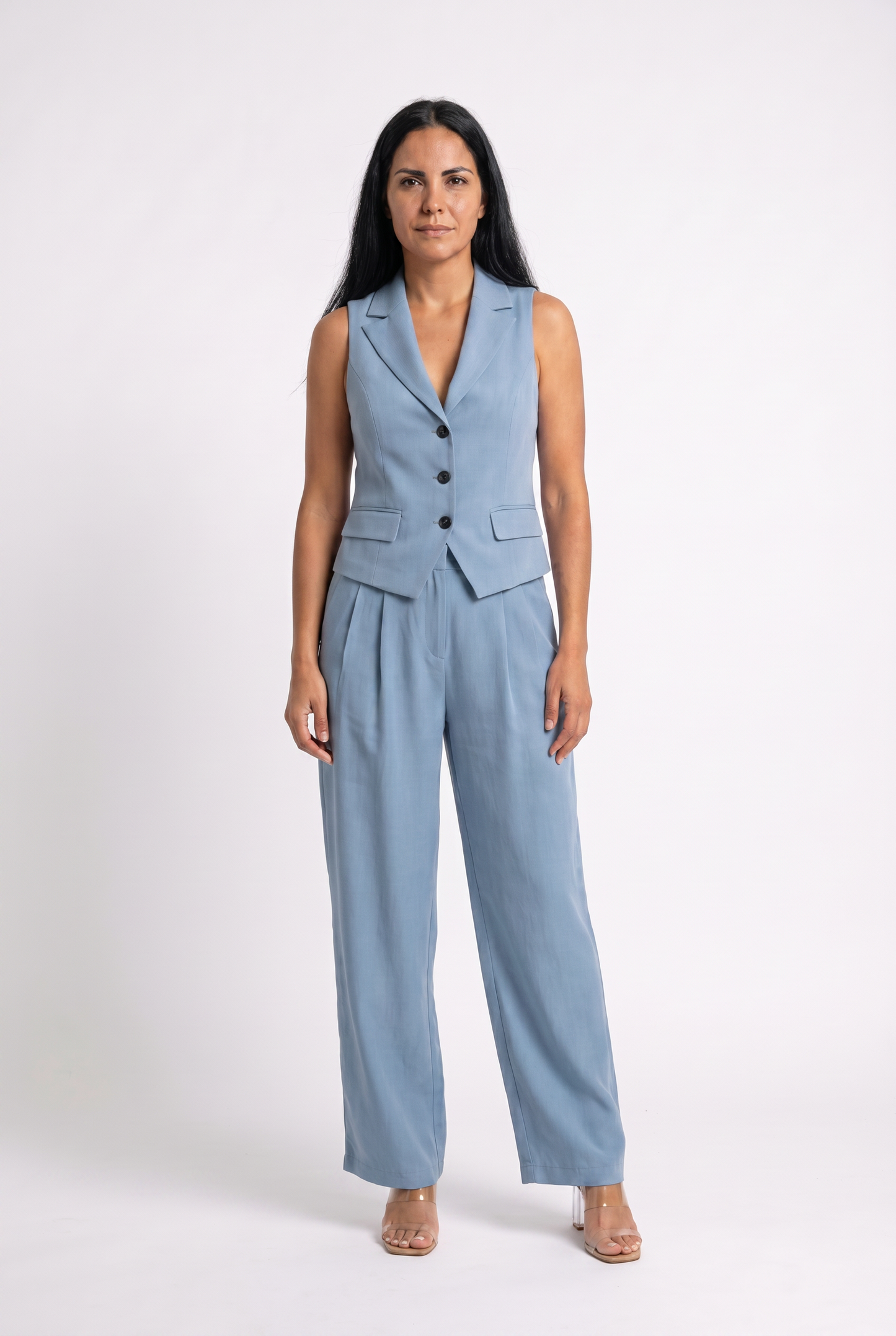 Conjunto de dos piezas para mujer con cuello en V y botones