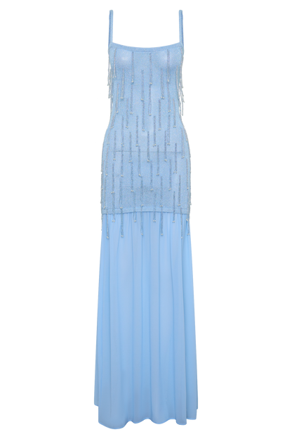 Vestido Maxi de Punto con Cuentas y Gasa Belinda - Azul Claro