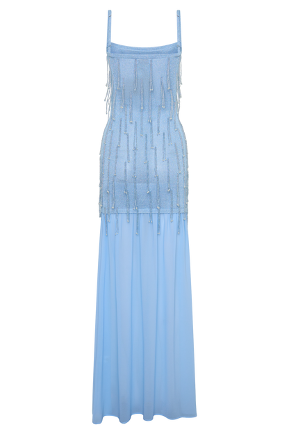 Vestido Maxi de Punto con Cuentas y Gasa Belinda - Azul Claro