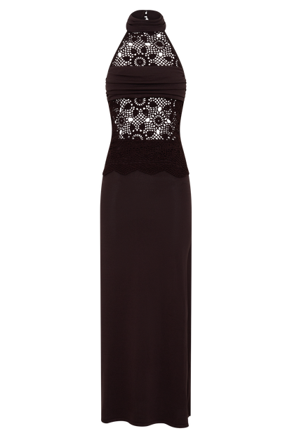 Vestido Maxi de Punto y Crochet Tessie - Chocolate Oscuro
