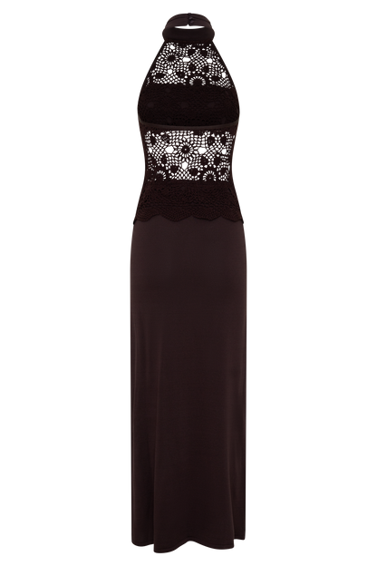 Vestido Maxi de Punto y Crochet Tessie - Chocolate Oscuro