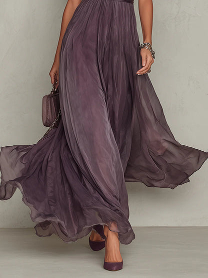Amanda | Vestido largo morado con escote en V y ribete de encaje de gasa